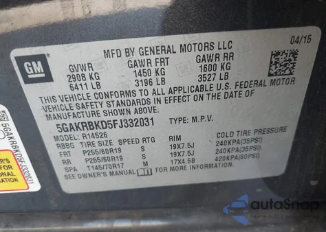 2015 Buick Enclave Leather из США, поврежденный, VIN 5GAKRBKD5FJ332031